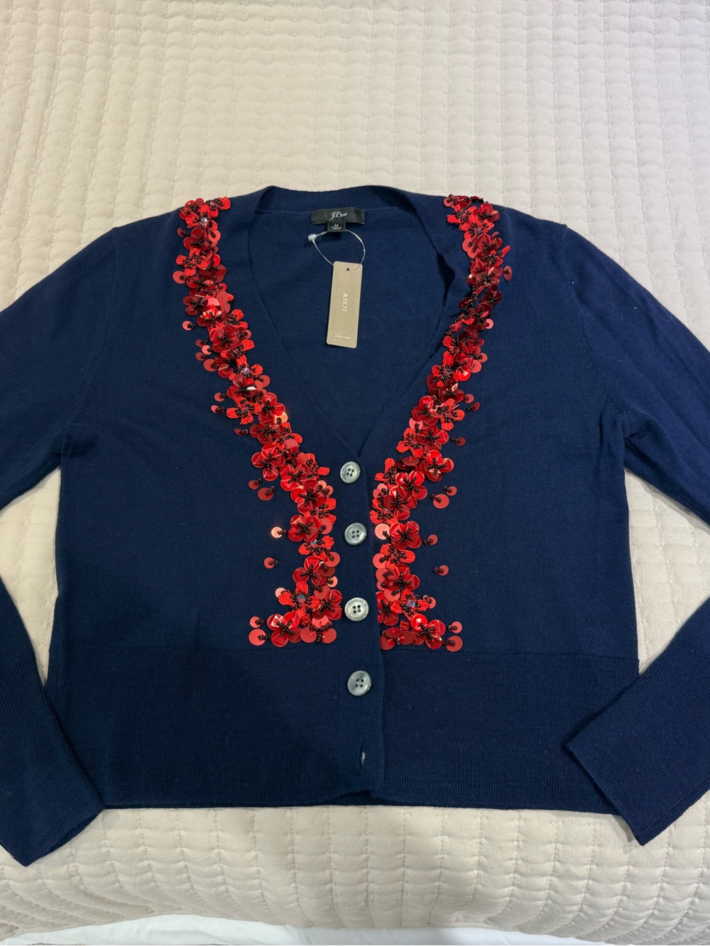 J. Crew Navy Cardigan with Red Sequin Floral Trim